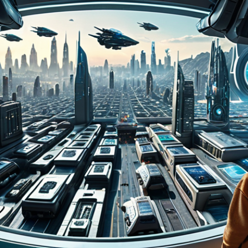 **

A child gazing in wonder at a futuristic cityscape filled with flying vehicles and holographic displays, symbolizing curiosity and open-mindedness towards technology.

**
