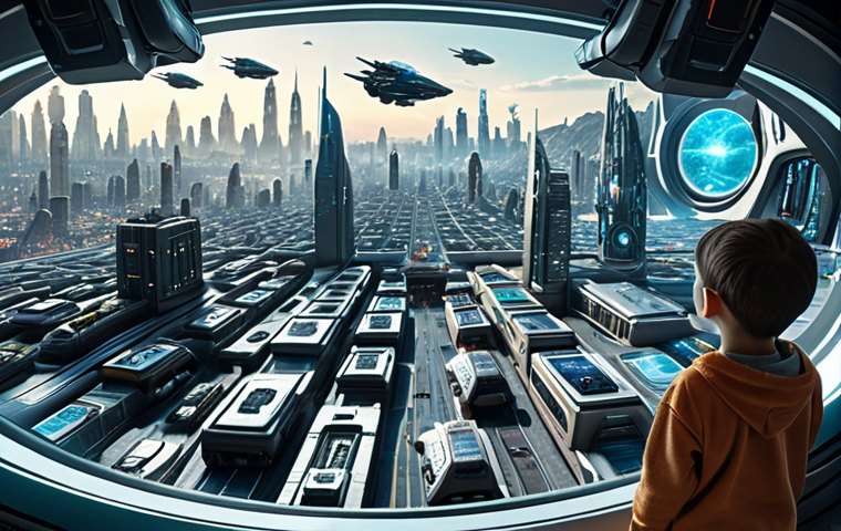 **

A child gazing in wonder at a futuristic cityscape filled with flying vehicles and holographic displays, symbolizing curiosity and open-mindedness towards technology.

**